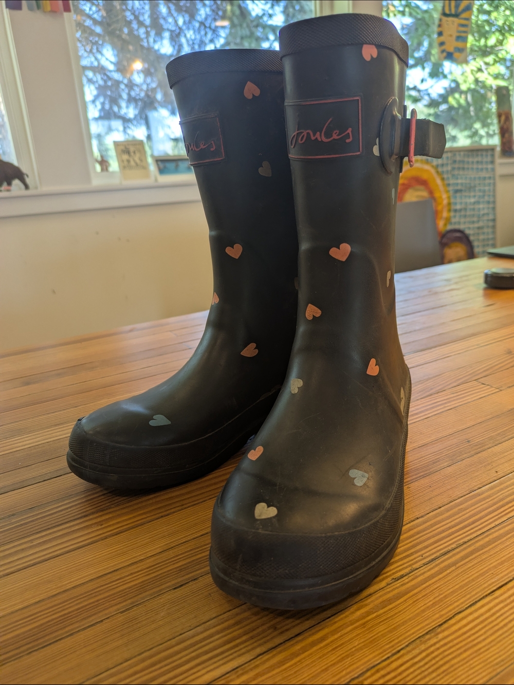 Joules Black Heart-Print Girl's Rain Boots